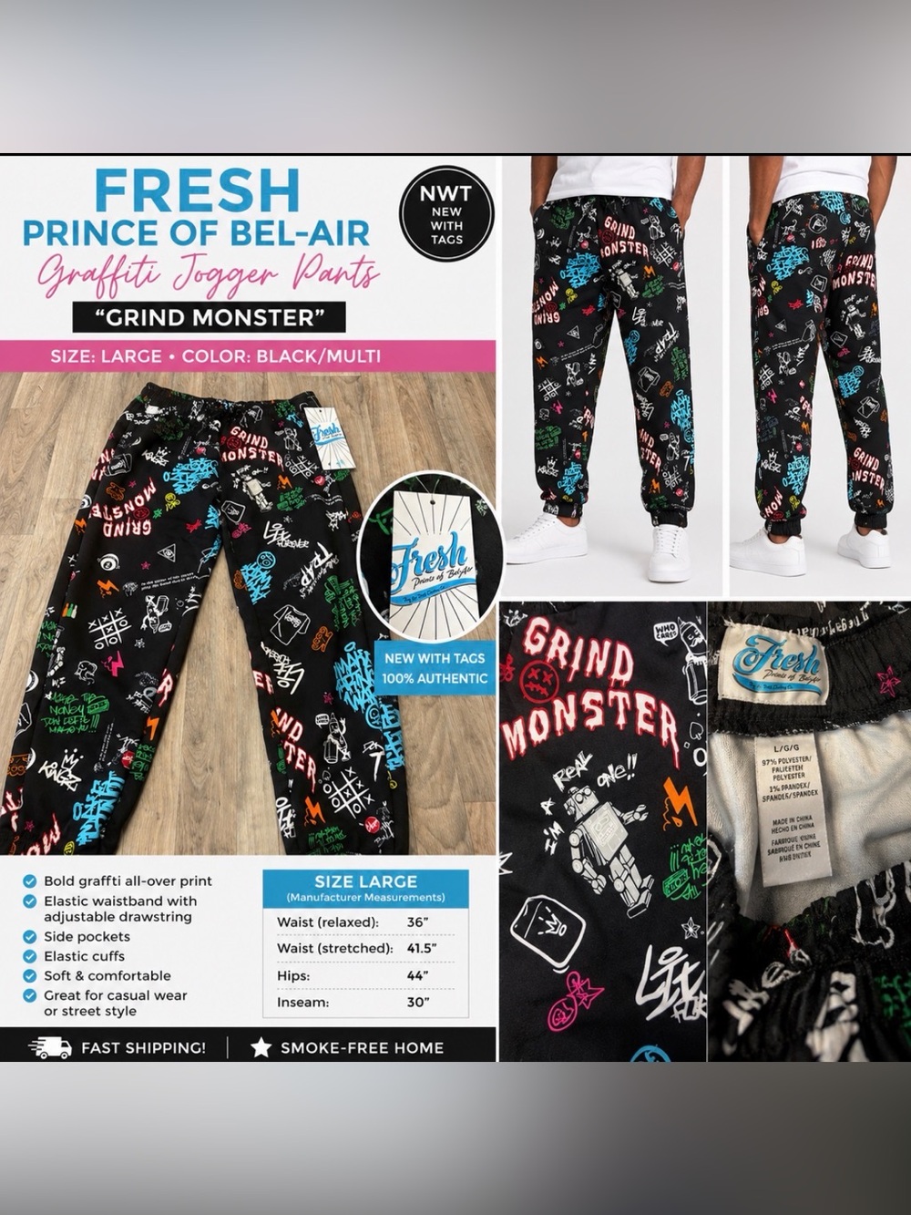 Fresh Prince of Bel-Air “Grind Monster” Graffiti Jogger Pants – NWT size large